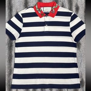 Gucci Navy Blue Striped Cotton Pique Snake Applique Contrast Collar Polo